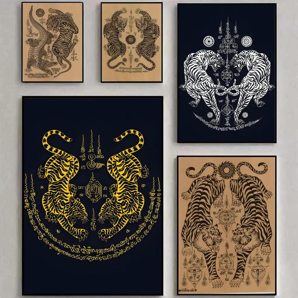 1PC--Thai Sak Yant Twin Tigers Poster Fancy Wallart Sticker for Living Room Bar Aesthetic Painting Decoration Room Wall Decor