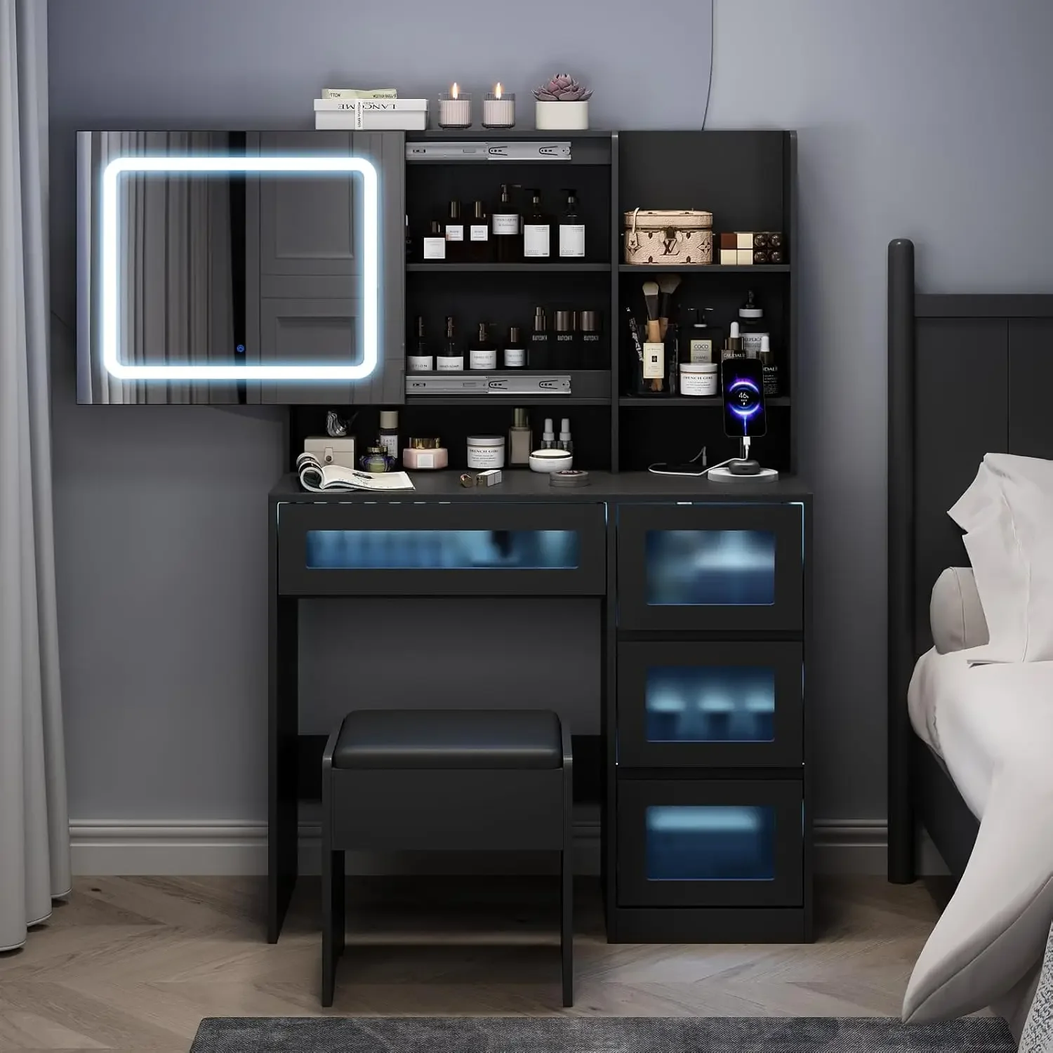 Dressing Table with LED Sliding Mirror, Dressing Table with 4 Drawers and Chairs, RGB Lights, and Charging Station