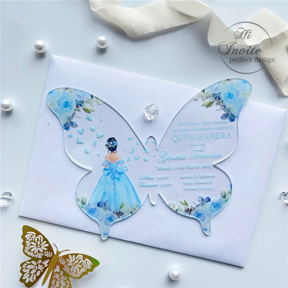 

Baby Blue Rose Butterfly Quinceañera Invitation, Light Blue Acrylic Quince Anos Invitation {Free Preview Available}