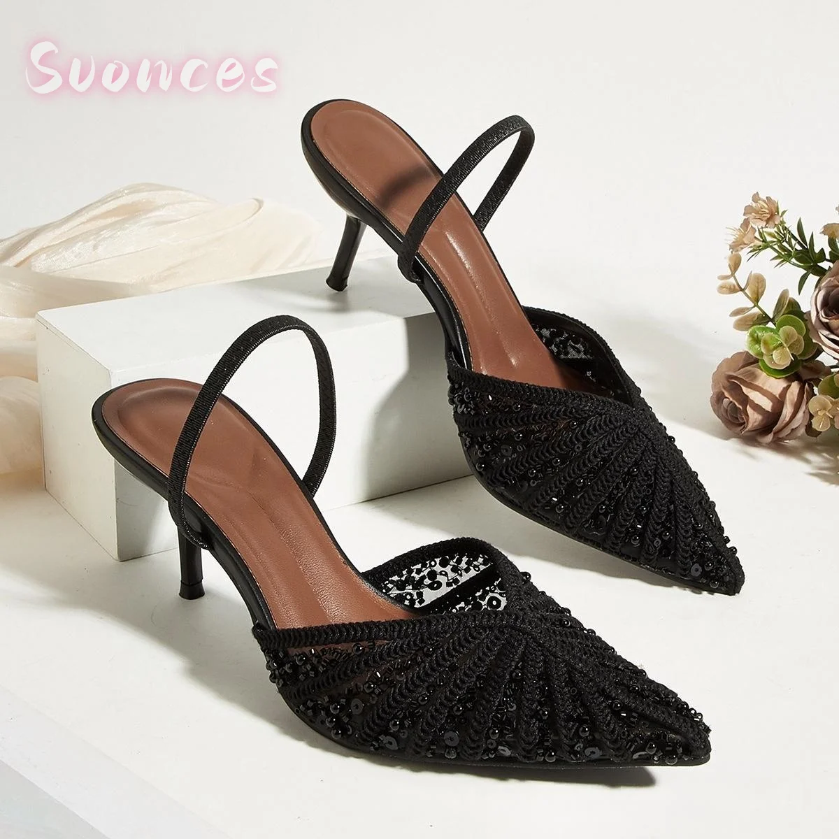 Ladies Glitter Sequin Beaded Slingback Heeled Mules Pointed Toe Stilettos Ankle Strap Backless Fashion Evening Prom Heeled Shoes