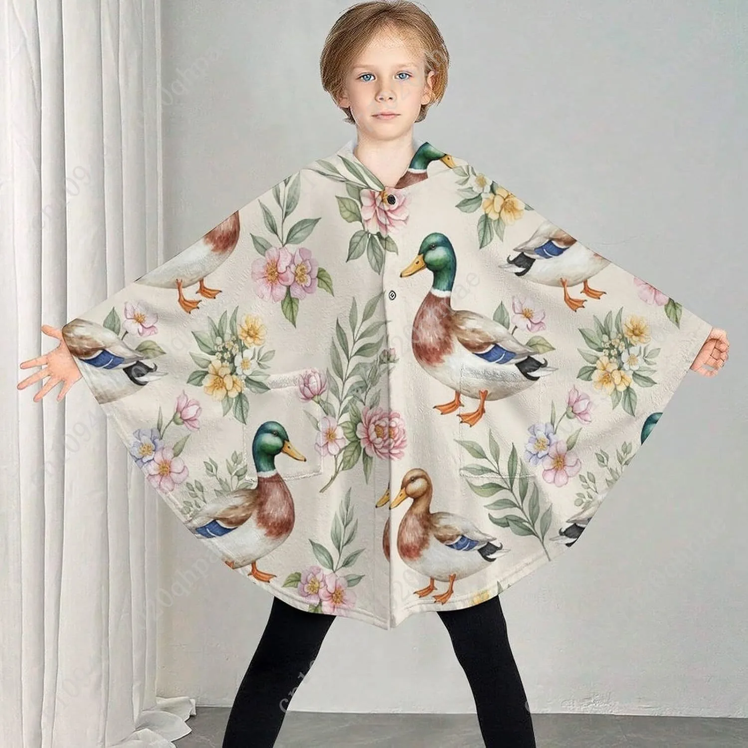 Przytulny sweter-koc z flaneli, bluza z kapturem oversize z kaczkami, kwiatami i liśćmi, z kieszeniami dla dzieci i nastolatków.