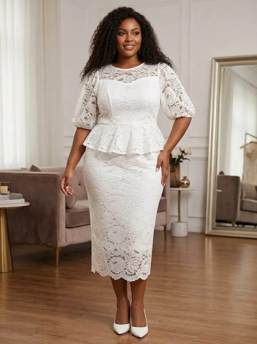 

Plus Size Floral Lace Peplum Midi Dress Women Round Neck Puff Elbow Sleeve Bodycon Formal Dress For Church Wedding Guest Evening