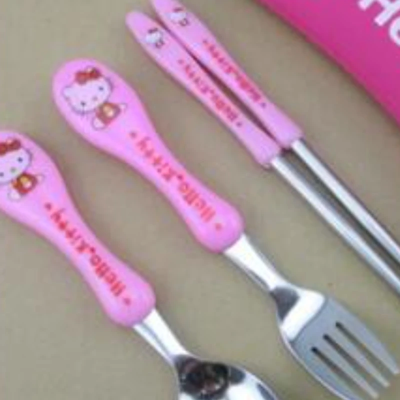 Hello Kitty Baby Tableware Cute Portable Knife Fork Spoon Chopsticks Set Dessert Spoon for Children Fork Baby Feed Cutlery Gift