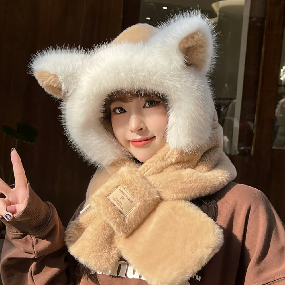 Cute 3-in-1 Plush Hat Scarf Warm Ear Protection Ear Protection Cap Windproof Winter Three-piece Hooded Unisex