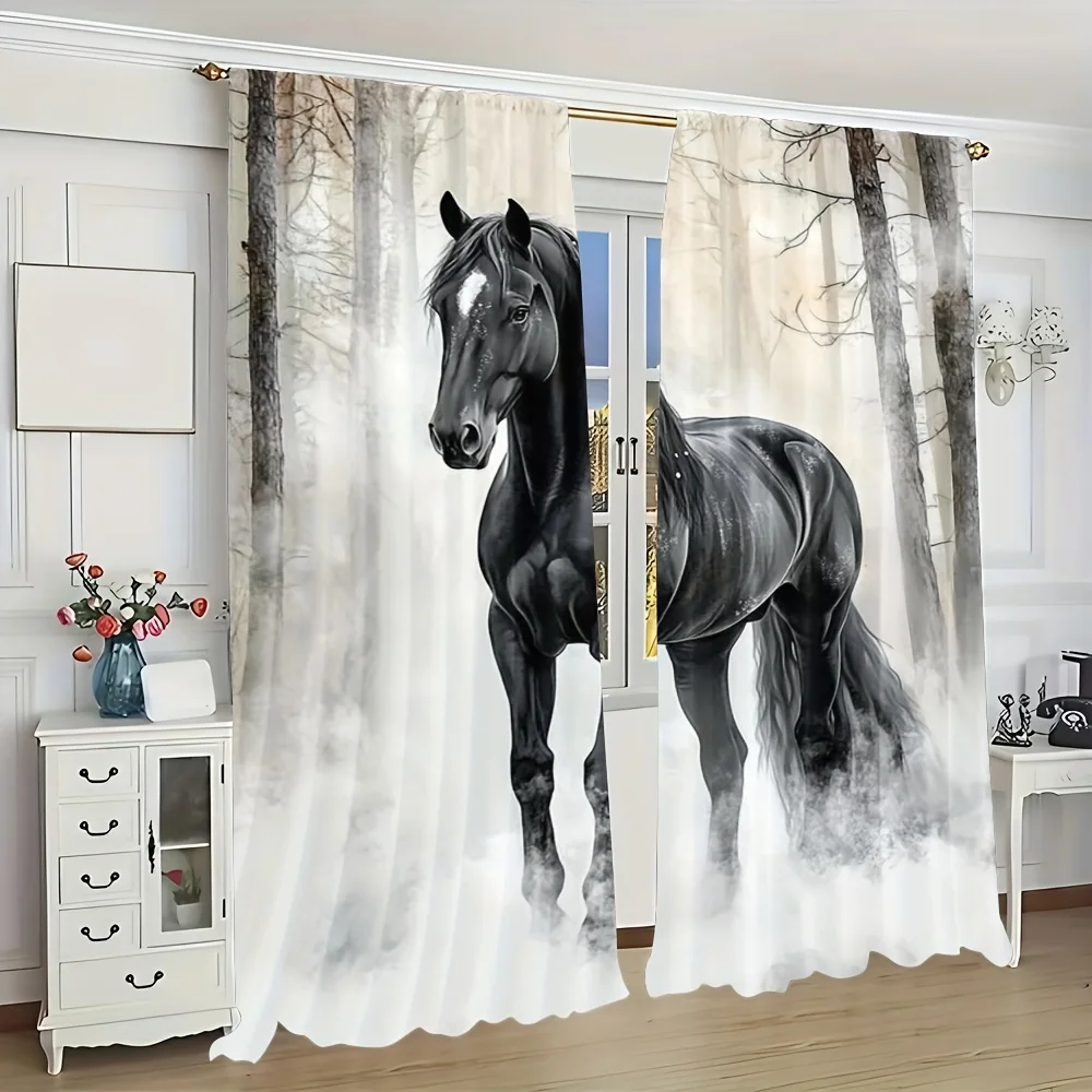 Large Print Black Horse Curtain Modern Photo Drapes for Living Room Window Decoration Gothic Style Equestrian Art Home Curtain