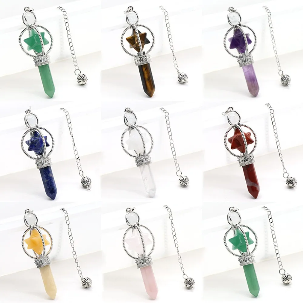 

Silver Plated Merkaba Star Crystal Pendulum, Natural Stone Hexagonal Point Dowsing Pendulum for Divination & Healing