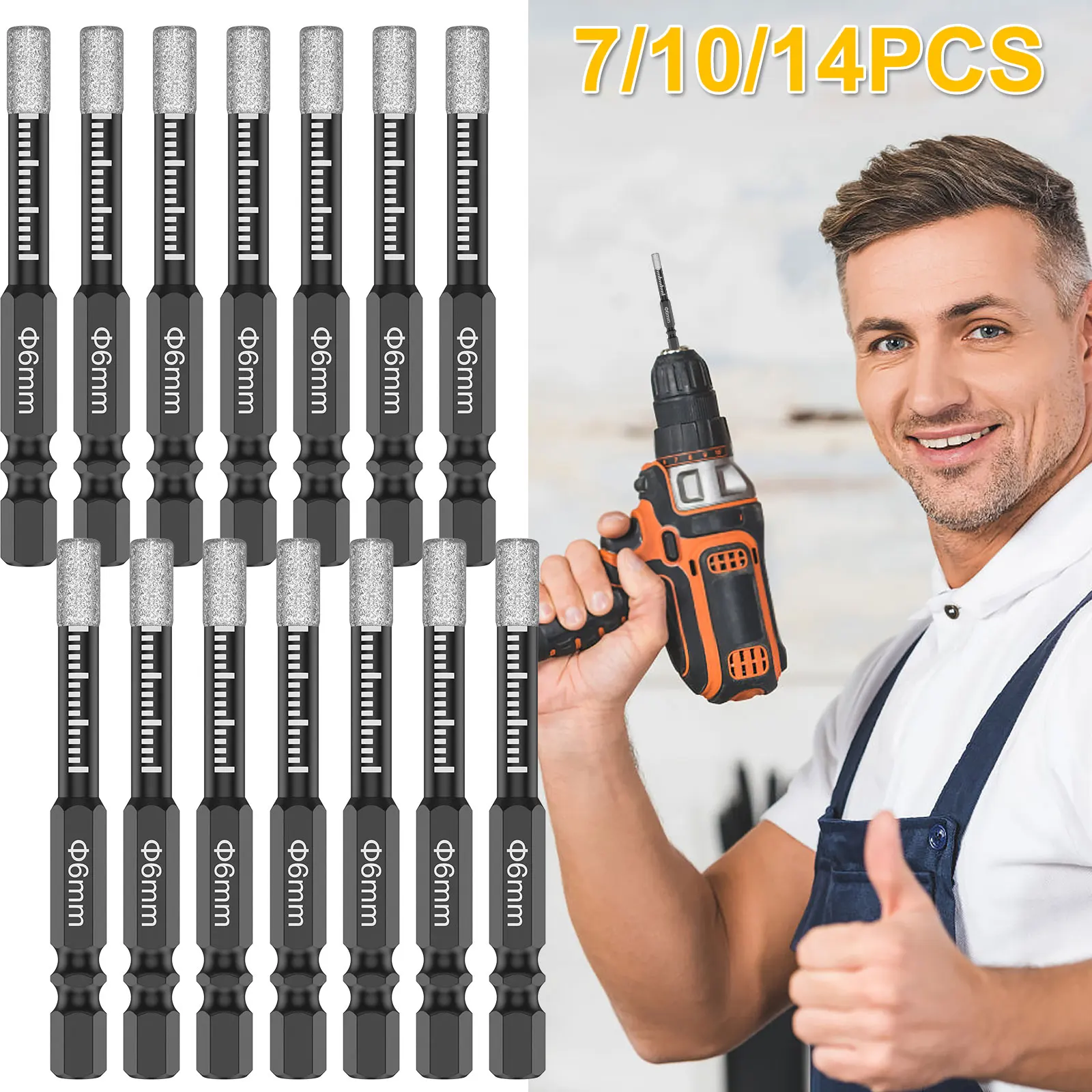 

От 7 до 14 шт. Набор сухих алмазных сверл 6 мм, корончатое сверло с вакуумной пайкой, быстросменный шестигранный хвостовик для фарфора, гранита, плитки, мрамора