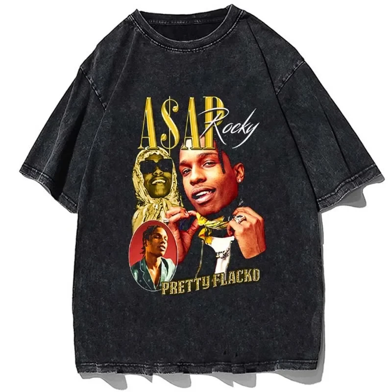 Streetwear Asap Rocky Graphic Printed Men\'s And Women\'s Washed T-Shirts Fashion Retro Punk Hip Hop Short Sleeve T-Shirts Summer