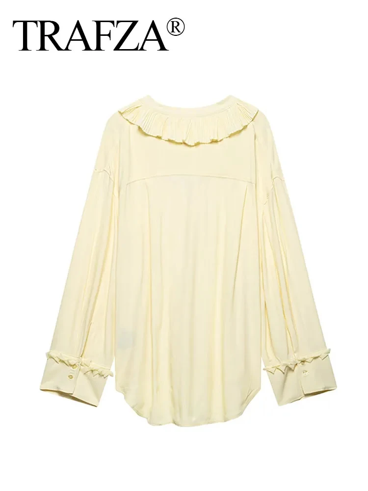 TRAFZA Camicie a maniche lunghe casual chic estive da donna Decorazione a strati giallo chiaro Camicette con lacci con scollo a V alla moda da donna