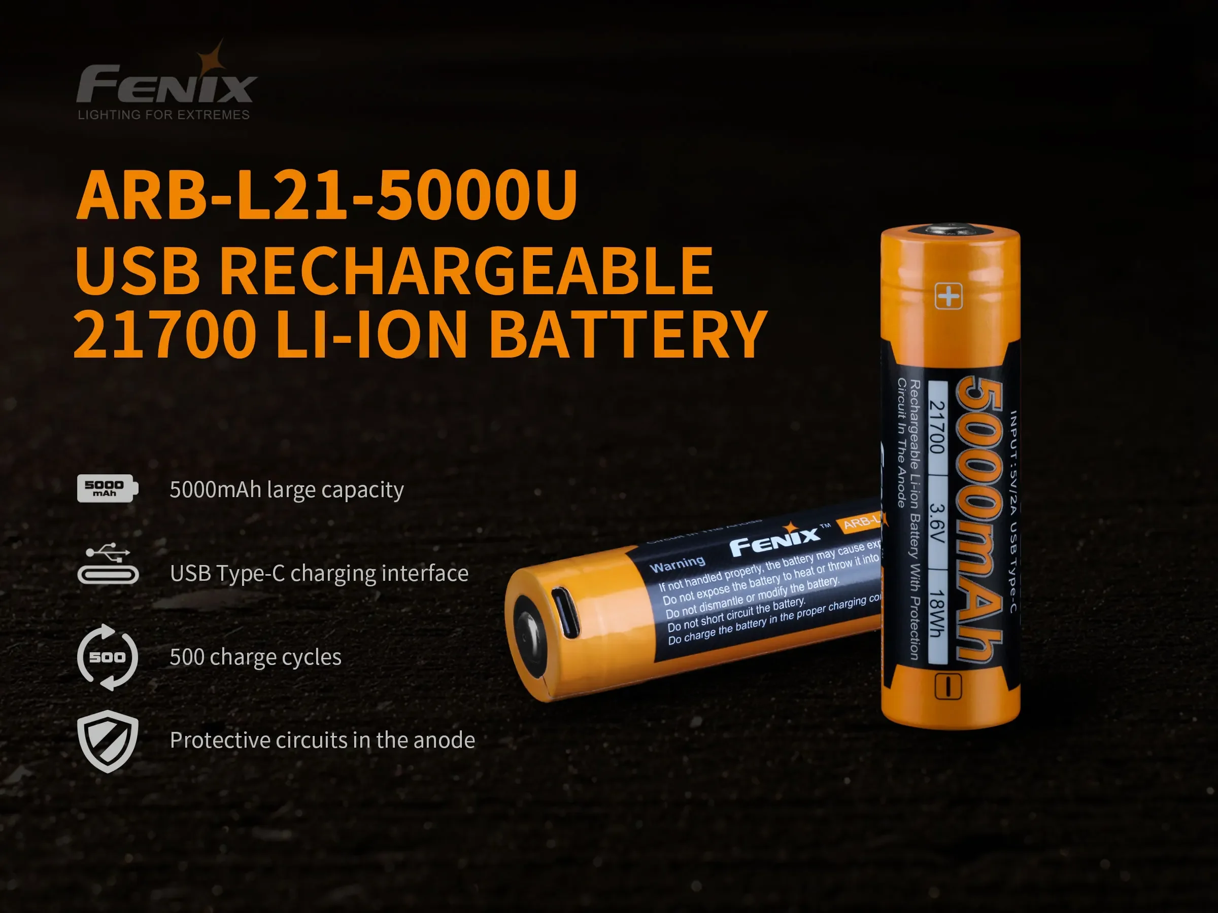 5000mAh Large Capacity Original Fenix ARB-L21-5000U Rechargeable 21700 Li-ion Battery with USB Type-C Charging Interface