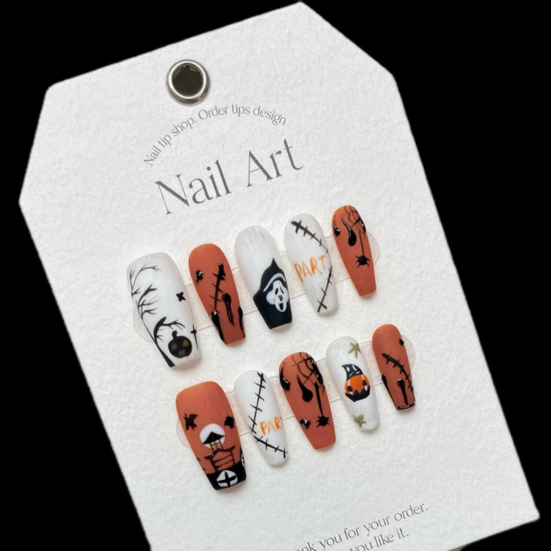 10Pcs Pumpkin Fantasia Long Coffin Handmade Press on Nails Wearable Halloween Cute Orange Design Fake Nails Manicure Decoration