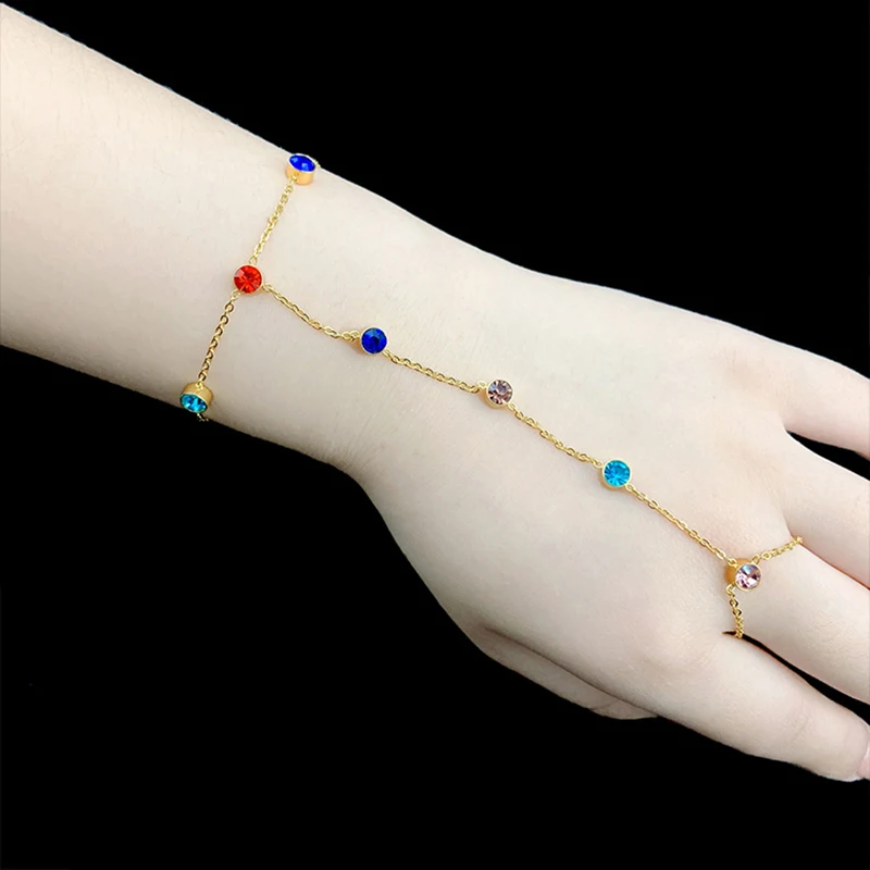 CARLIDANA Bohemia Colorful Stone Ring Bracelet for Women Link Chains Connect Bracelet Ring Together Stainless Steel Jewelry Gift