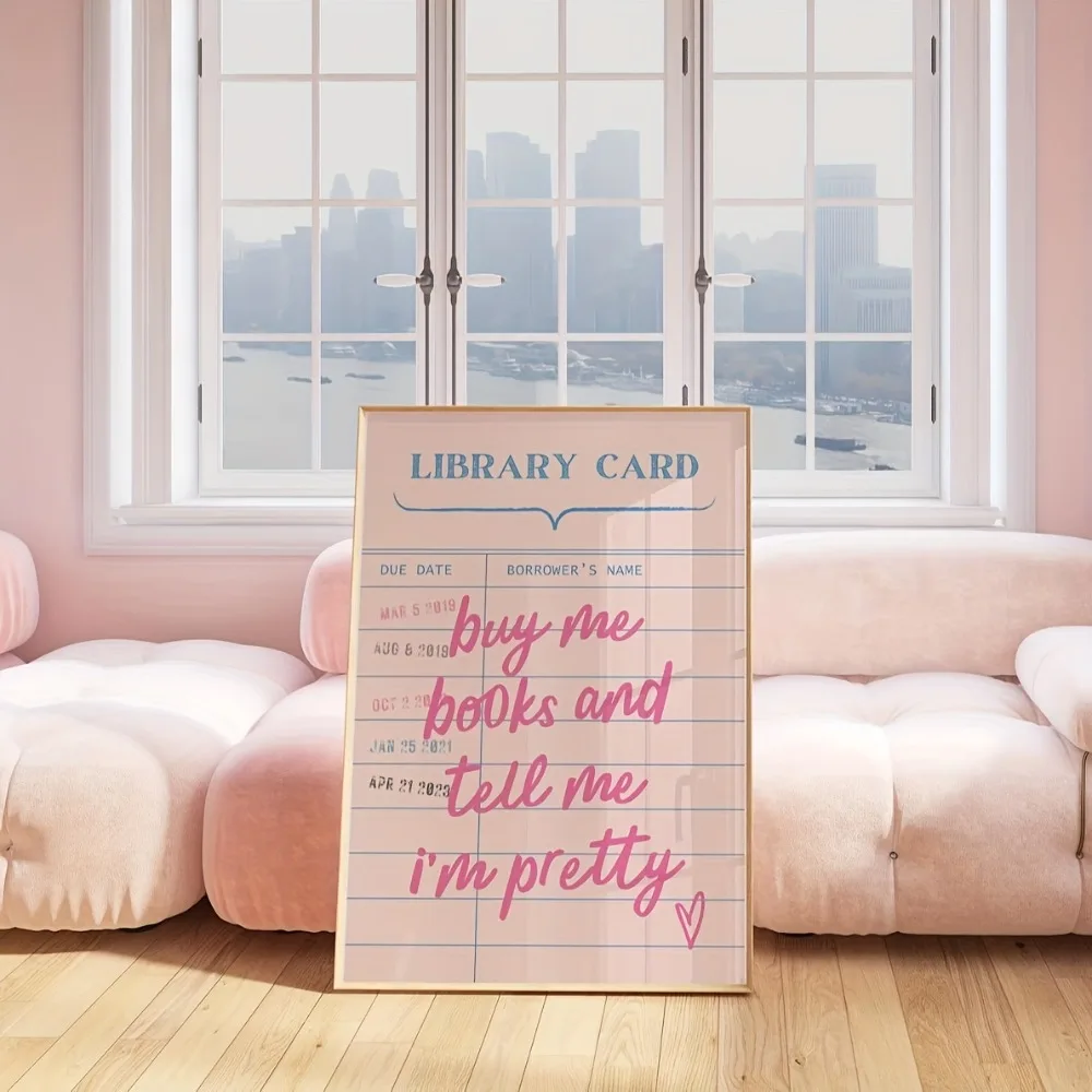 1pc Frameless Canvas Poster,Retro Pink Library Card Design with 