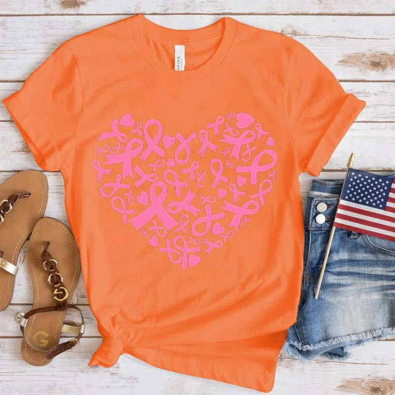 New Breast Cancer Awareness Heart Print T-Shirt Men Women Fashion Short Sleeve Casual Summer Tops Tees