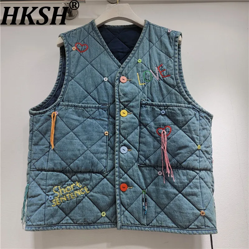 HKSH Autumn Winter New Women Warm Waistcoat V-neck Single Breasted Letter Embroideried Trendy Denim Cotton-padded Jacket HK13764