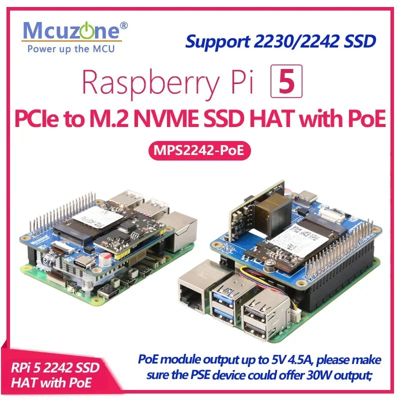 

MPS2242-POE HAT,PoE ethernet powered for Raspberry Pi5, PCIE to NVME SSD, support 2242,2230,POE output up to 5V4.5A