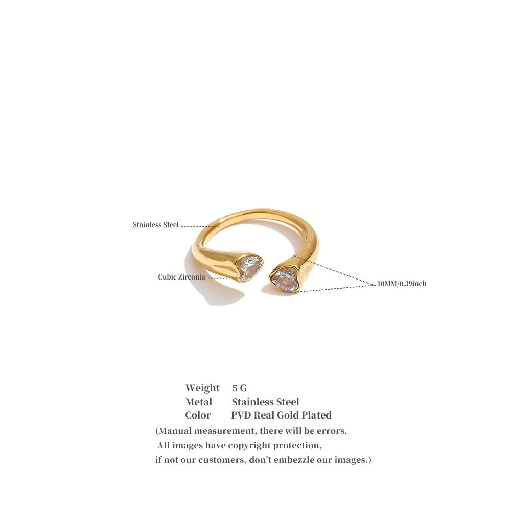 Yhpup 2026 Edelstahl Zirkonia Herz Verstellbarer Ring 16 Karat Platin PVD plattiert Zarter Charm Fingerschmuck Empfehlen – Detail 1