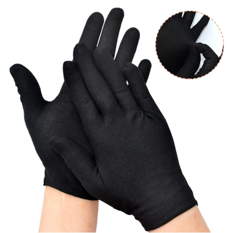 12 Pairs Black Cotton Full Finger Working Gloves Formal Dress for Parade Jewelry Inspection Protective Stretcahble Drop Shipping