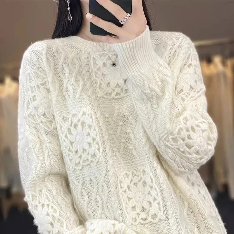 New Women's Knitting Pullover Sweater 2024 Autumn Winter Casual Ladies Jumper Long Sleeve Hollow Out Female Bottoming Top