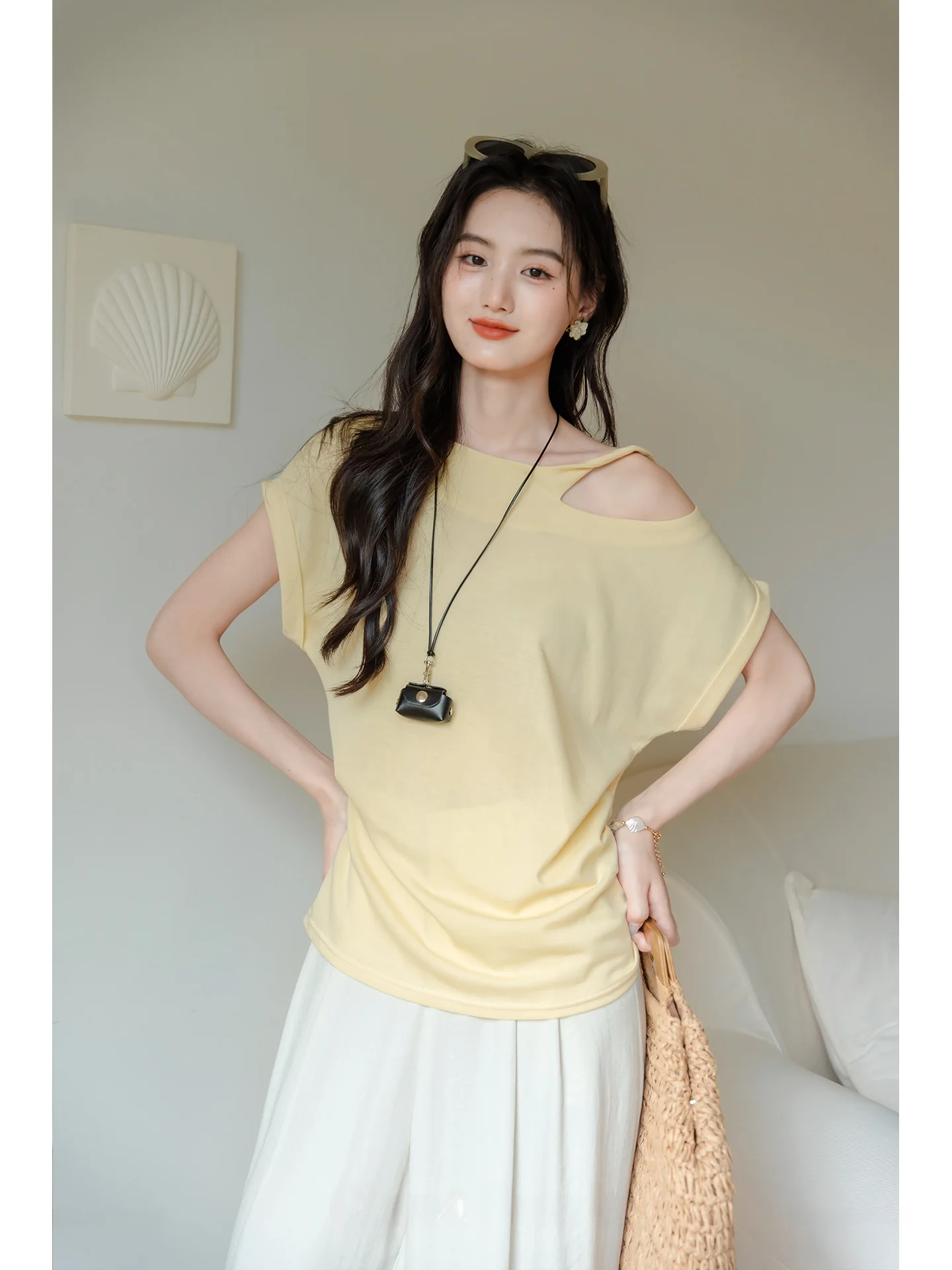 

Желтый топ на одно плечо, женская летняя футболка French Sle, однотонный вязаный облегающий топ из смеси хлопка с вырезами