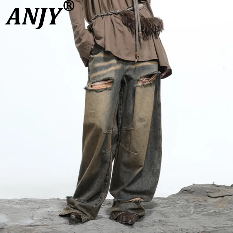 

ANJY Autumn New Women Niche Punk Style Washed Distressed Chic Ins Wide-Leg Jeans Fashion Streetwear Tide Hole Denim Pants A11705