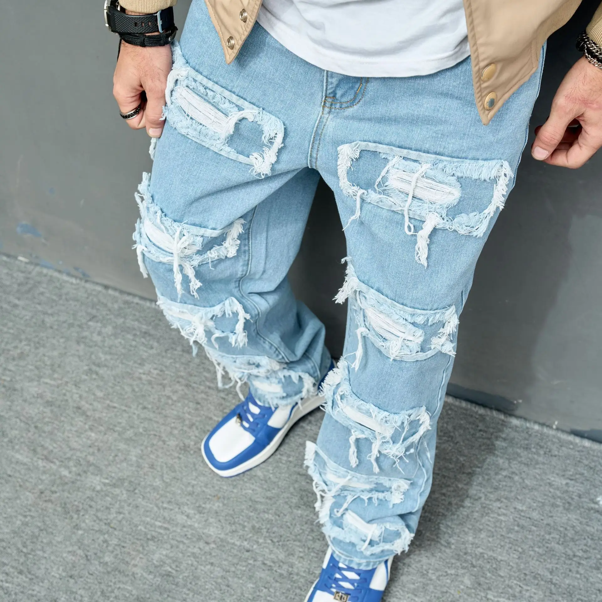 New Men's Jeans Knee Wear Elastic Casual Slim Men's Pants Tide