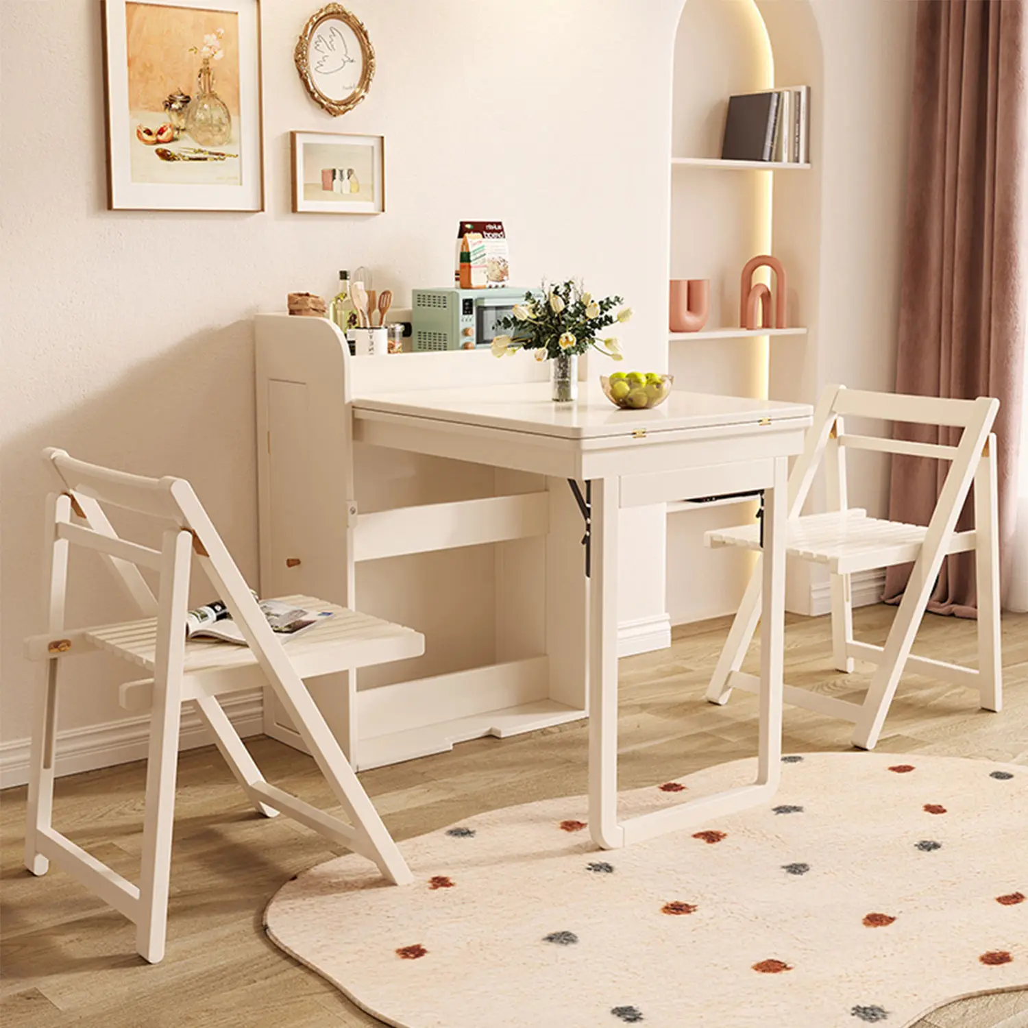 #Modern Apartment Save Space Furniture Solid Wood Expandable Dining Table Sets Port 2 in 1 Storage Side Cabinet