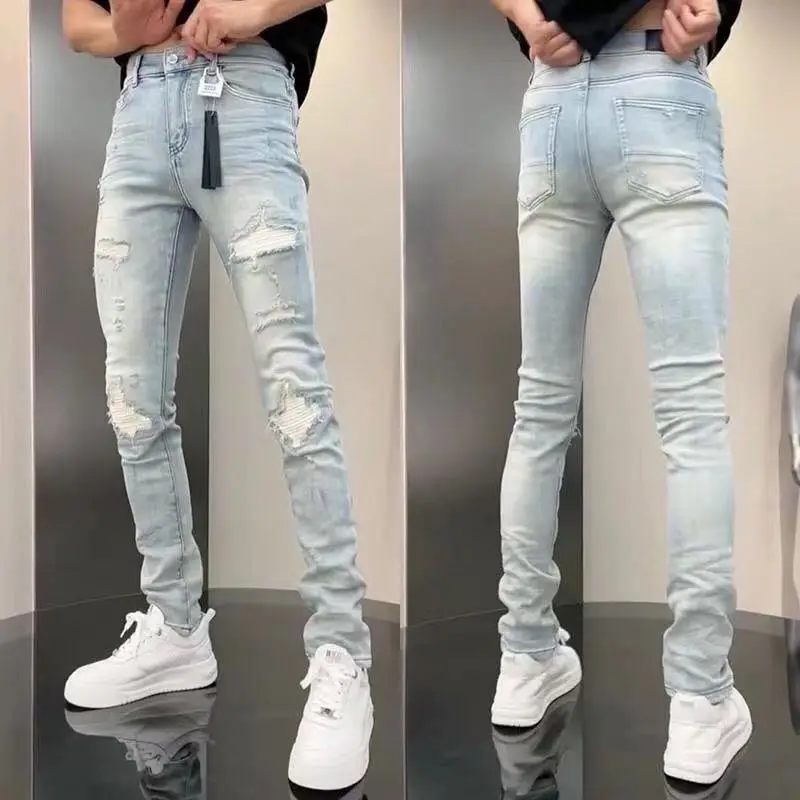 

Korean Fashion Luxury Clothing Men's Slim Fit Jeans with Holes Spring and Autumn Casual Pencil Boyfriend Cowboy Pants for Men