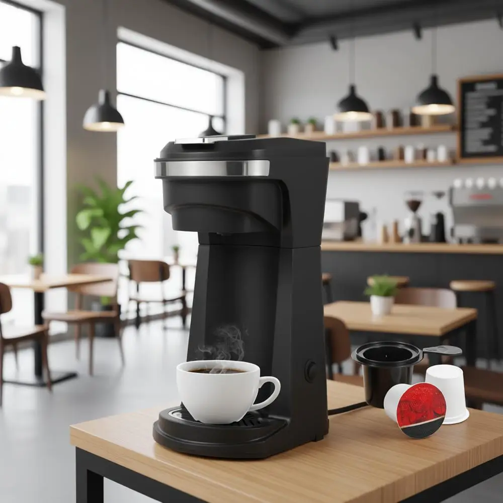 

Compact 800W 2-in-1 Coffee Maker, Brews 6-14 Oz, Reusable Filter, Auto Shut-Off, Travel Mug, K-Cup/Ground Coffee/Tea Compatible,