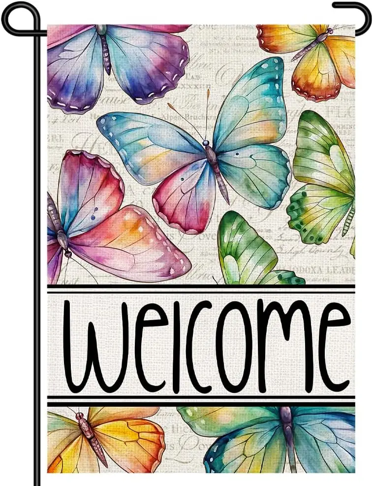 Spring Butterfly Welcome Garden Flag 12x18, Colorful Floral Butterfly Yard Flag for Outdoor Spring Decor, Double Sided Burla ZZM