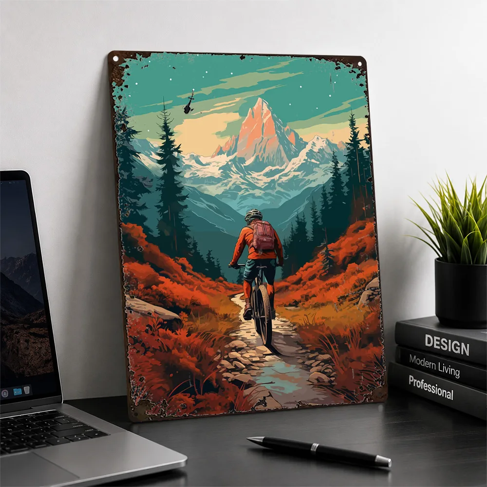 Mountain Biker On Alpine Trail Aluminum Poster Vintage Illustrated Wall Art For Garage Customized Metal Sign Athlete Gift Idea
