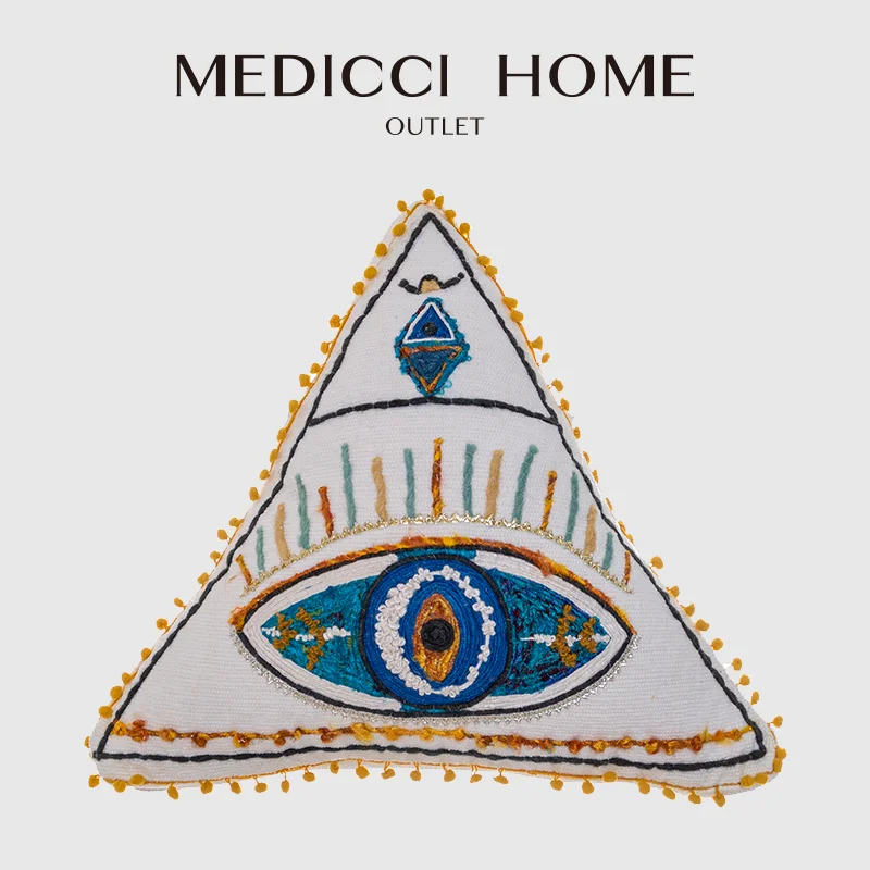 Medicci Home Sequin Evil Eye Design Boho Cushion Cover Luxury Embroidered Triangle Throw Pillow Cover With Yellow Pom-Pom Trim