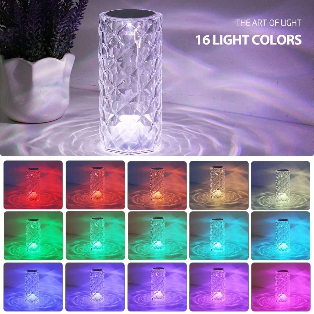 Lámpara de cristal táctil, luz nocturna RGB con control remoto, USB, romántica, rosa, diamante, sala de estar, Día de San Valentín, 16 colores