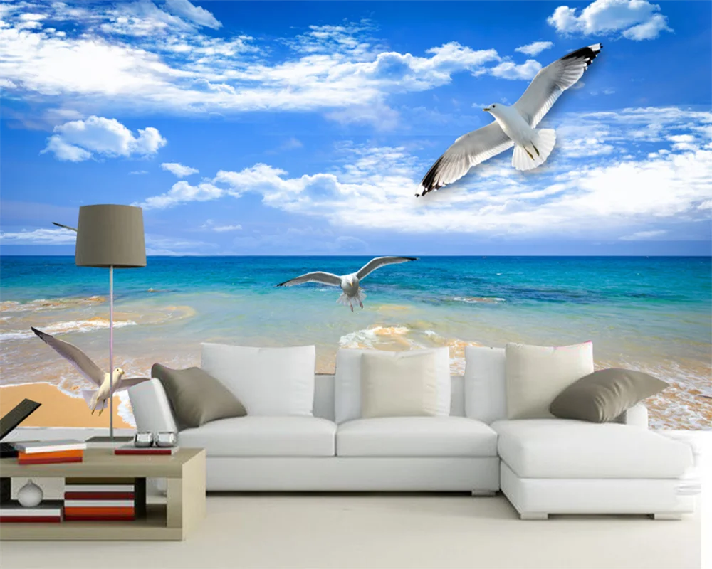 beibehang Customized new modern Mediterranean blue sky and white clouds seagull children's room background wall paper wallpaper