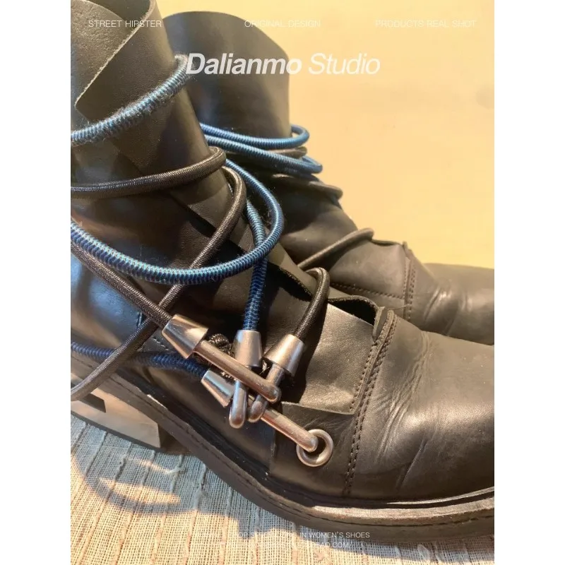 90S Retro Black Boots Cable Climbing Hooks Decorative Short Boots Mid Calf Boots Metal Heels Ankle Boots image 6