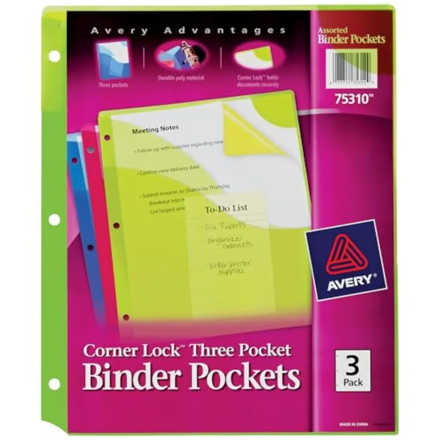 

Corner Lock Binder Pockets for 3 Ring Binders, Assorted Colors, for 8.5" x 11" Documents, Acid-Free and Archival-Safe, 3 Binder