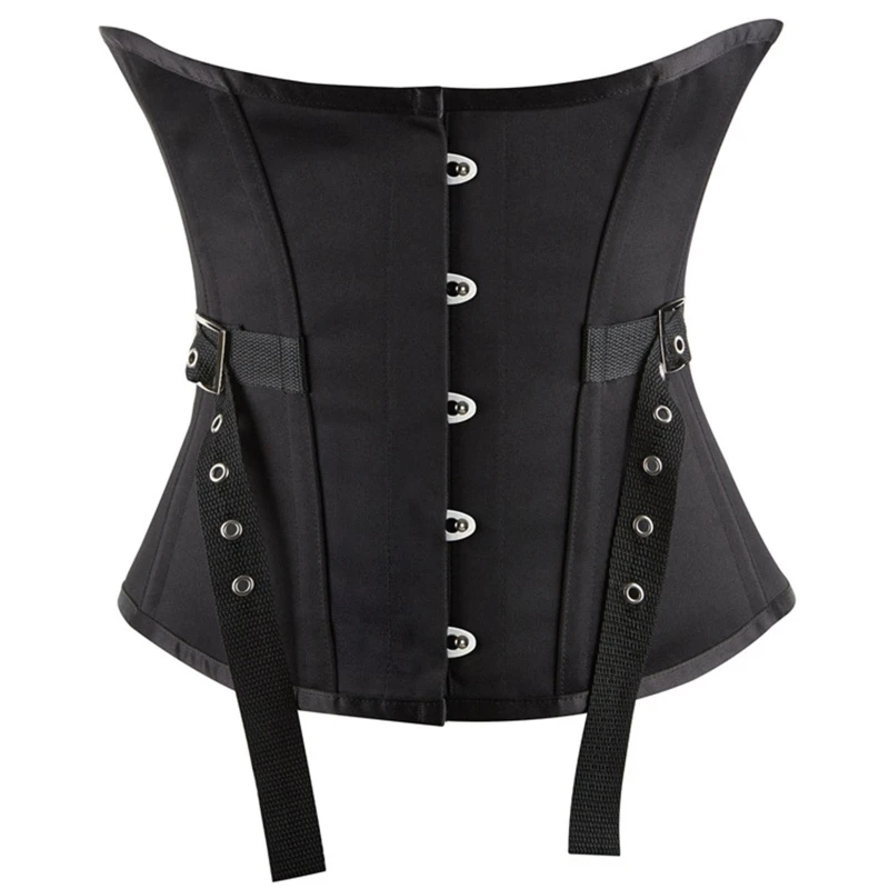 Q39C-Boned Espartilho Top Com Cinto Fivela, Underbust Preto, Lace Up, Cintura Trainer