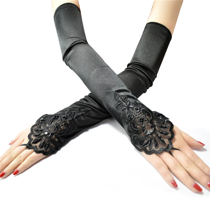 

Long Satin Sexy Lace Embroidery Hook Finger Gloves Retro Party Women Etiquette Drive Cosplay Dinner Dance Mittens for Female