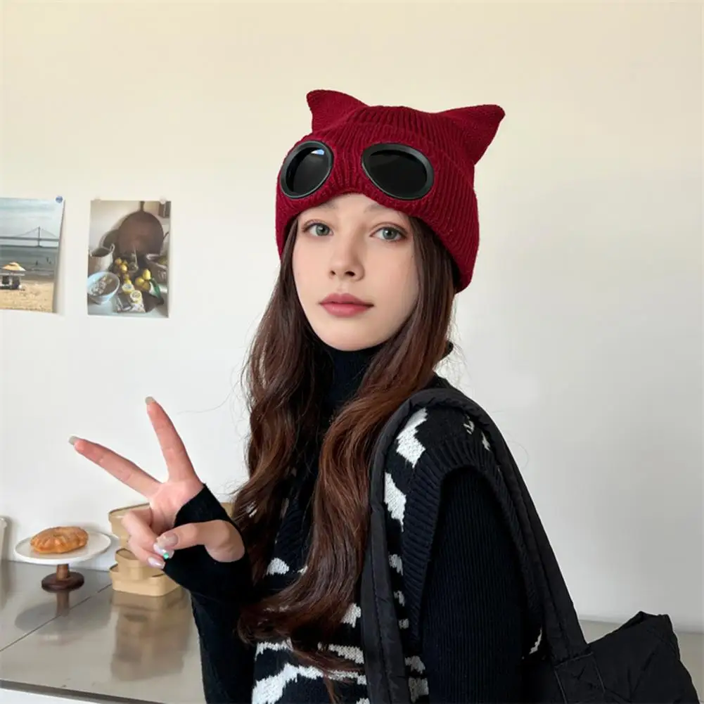 Cat Ear Hat Cat Ear Beanie Cute Kitty Head Winter Hat with Goggle Decor Ball Detail Windproof Demon Cap for Women Warm Anti-slip