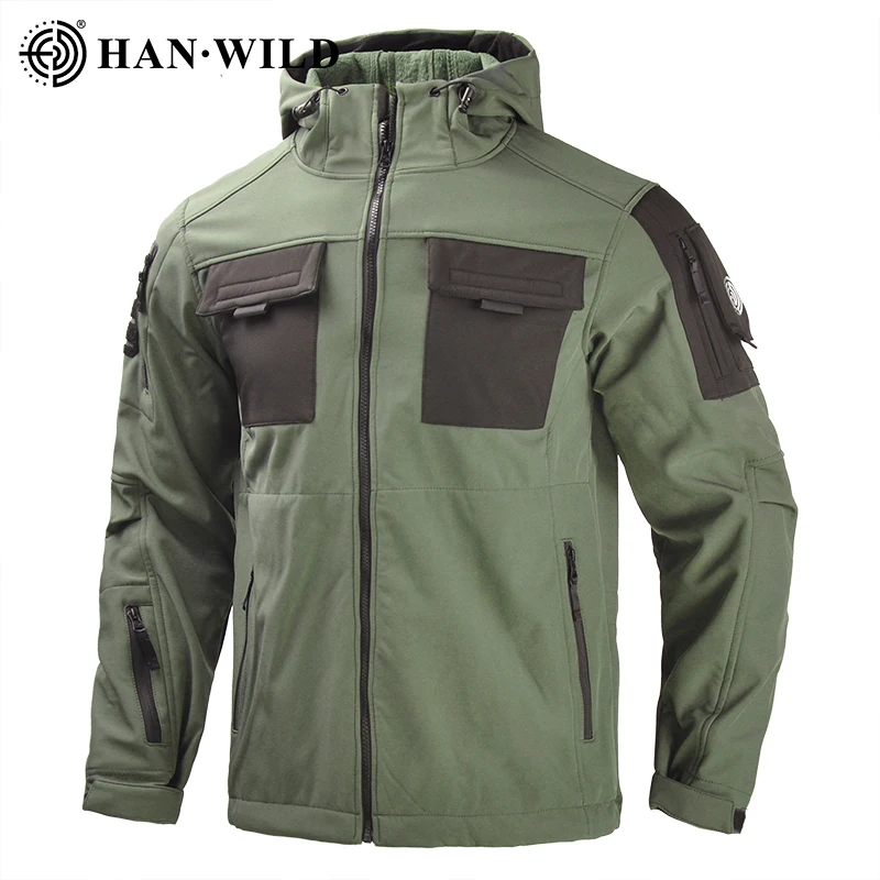 HAN WILD Men Softshell Jackets Waterproof Outdoor Warm Fleece Jacket Hiking Raincoat Windbreaker Big Pockets Winter