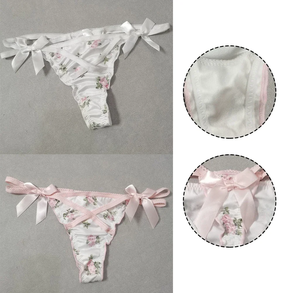 Women\'s Sexy Flower Bow Ruffle Cute Lovely Sweety Girl Satin G-String Thong Panties Underpants Knicker Cross Tie Ladies T-back