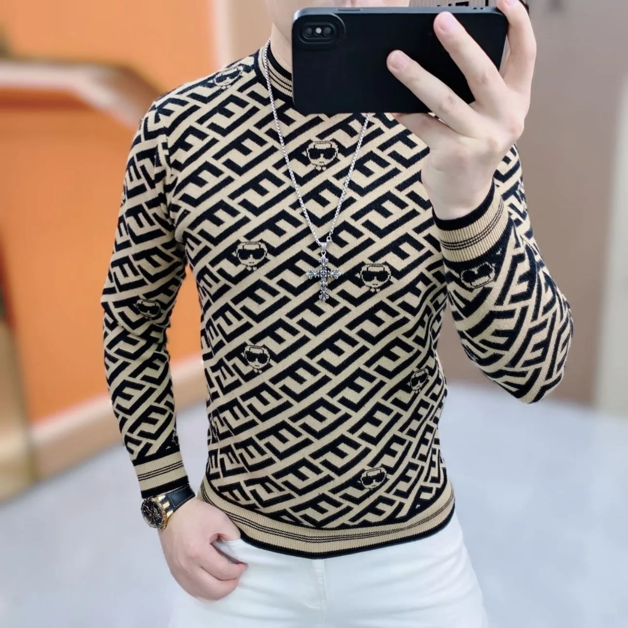 

Модный вязаный свитер с круглым вырезом для мужчин, зимний, новый, приталенный, эластичный, из полиэфирного волокна, для молодежи, энергичный, короткий рукав