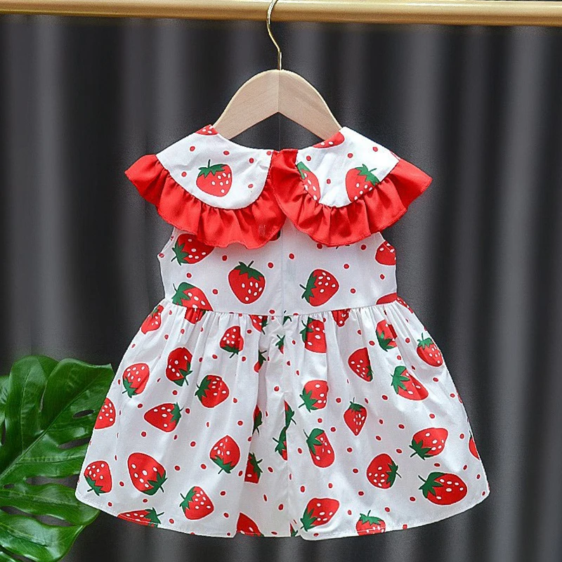 Girls\' Dress Bag 2/Piece Set Summer Little Girl Big Collar Full of Strawberry Dot Printed Princess Dress