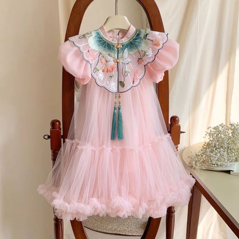 

2024Spring and Summer New Girls Cheongsam Dress Western Style Chinese Style ChildrentutuSkirt Baby Princess Dress in Stock Tide
