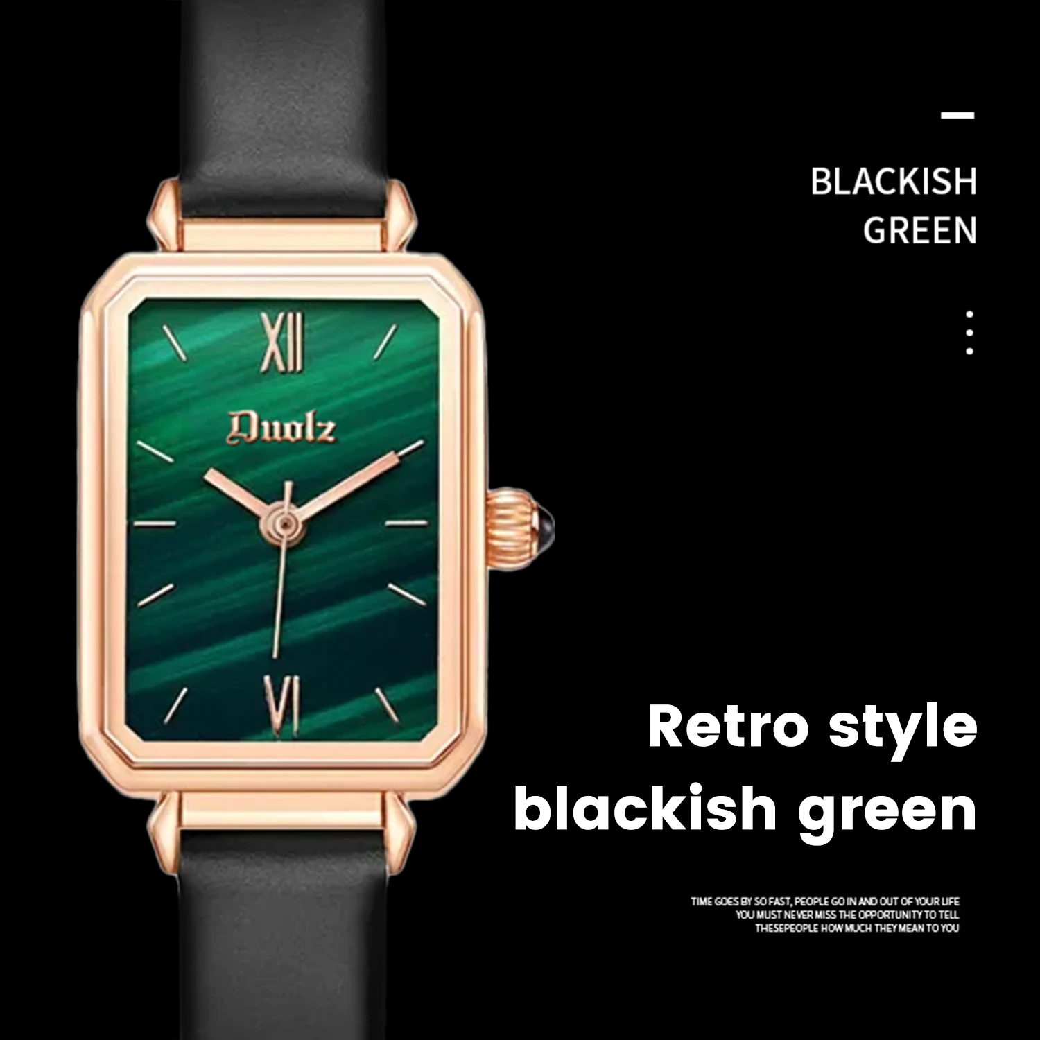 Retro classic peacock green square watch, fashionable and versatile leather strap, compact and waterproof women's watch