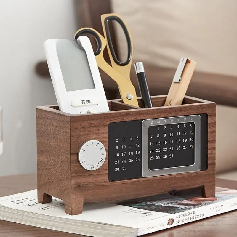 Pen Holder Ornament Black Walnut Office Supplies Perpetual Calendar Pen Holder Storage Box Desktop, Wooden