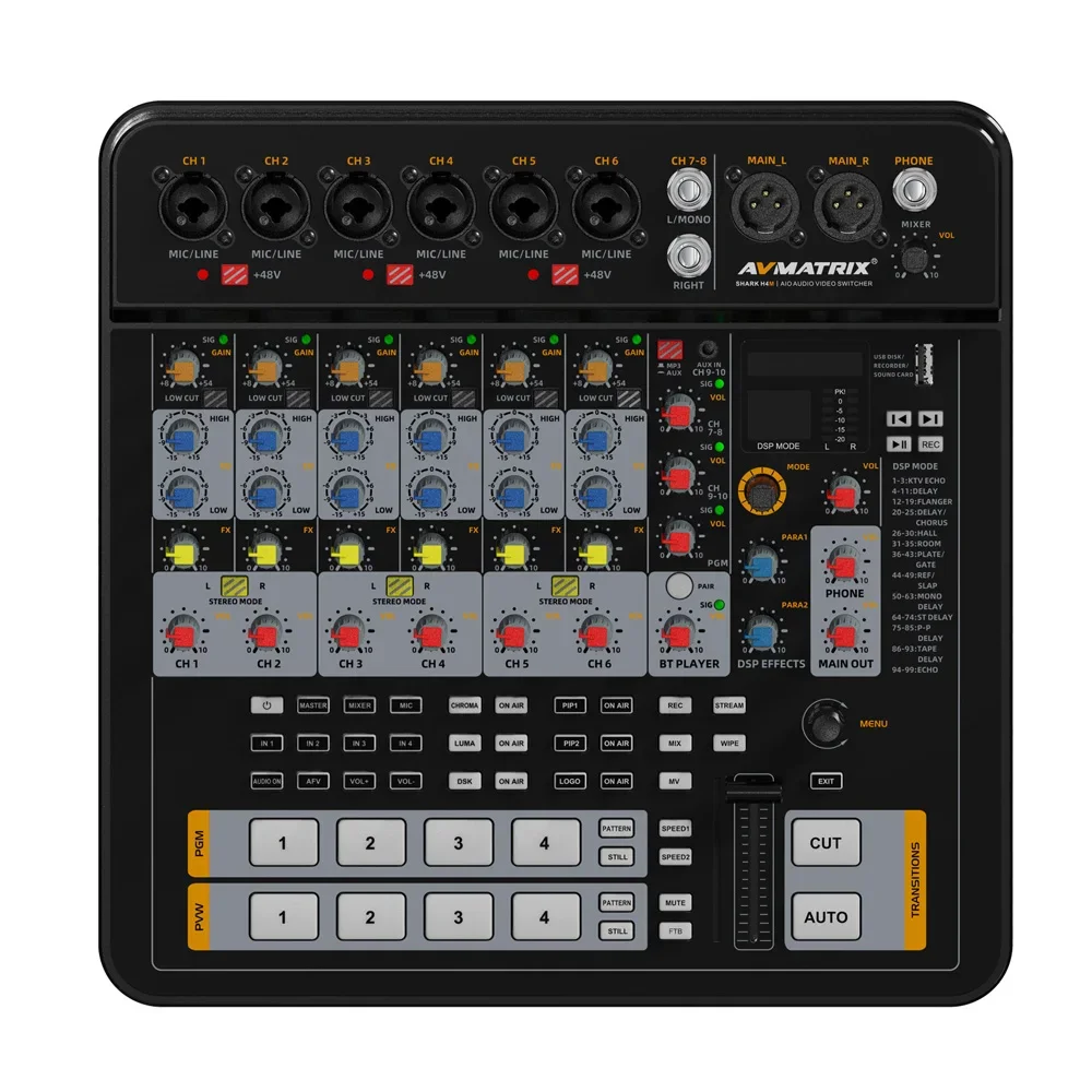 

Live Streamers Portable 4 Channels HDMI All-in-one Video Switcher Audio Mixer Avmatrix SHARK H4M with RTMP/SRT Stream Record