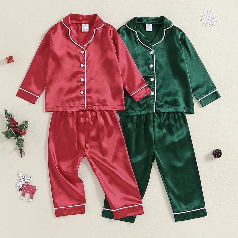 Baby Girls Boys Silk Pajamas Set Solid Long Sleeve Button Down Shirts Tops and Pants Infant Satin Pj Lounge Sets