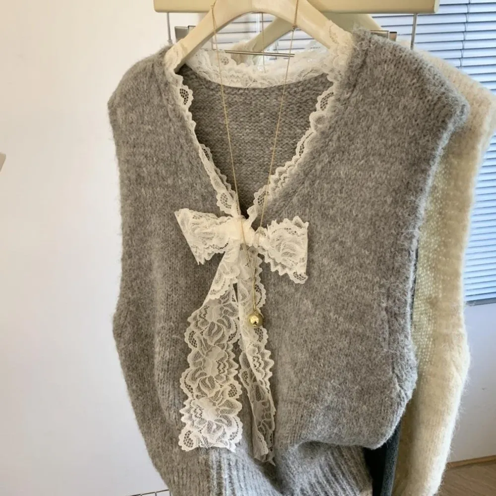 

Korean Style College Style Lace Bow Sweater Vest All-match Basic Color Sleeveless Vest Casual Tank Top Women