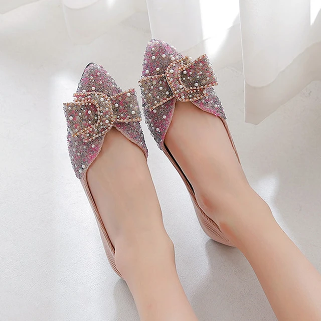 Women girl s Crystal Bowknot flat shoes pointed toe glitter ballet flats elegant ladies pearl wedding shoes34 43big size loafers AliExpress